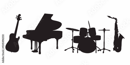 Silhouette musical instruments vector graphic featuring guitar piano drums and saxophone for music lovers design