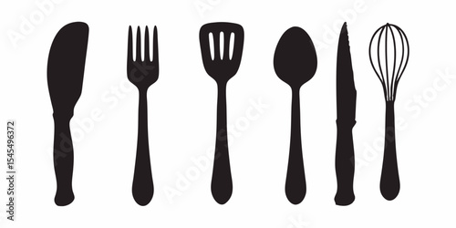 Kitchen utensils illustration: knife, fork, spatula, spoon, sharp knife and whisk in black silhouette