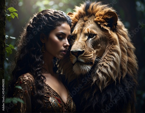 portrait of a lion and woman