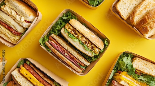 Assorted takeaway sandwiches in boxes on a vibrant yellow background