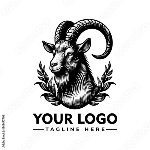 Vintage black and white logo featuring a ram's head, detailed with ornate horns and foliage.