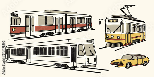 Transportation illustration featuring trams and car for urban transit design style vector art