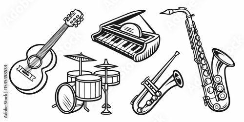Musical instruments vector illustration featuring guitar piano drums trumpet and saxophone for music lovers