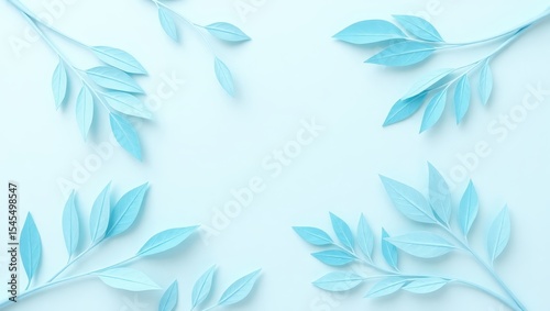 Pastel Blue Leaves Frame on Light Background
