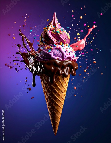 an ice cream with splashes of melting ice and a sprinkle of chocolate sprinkles