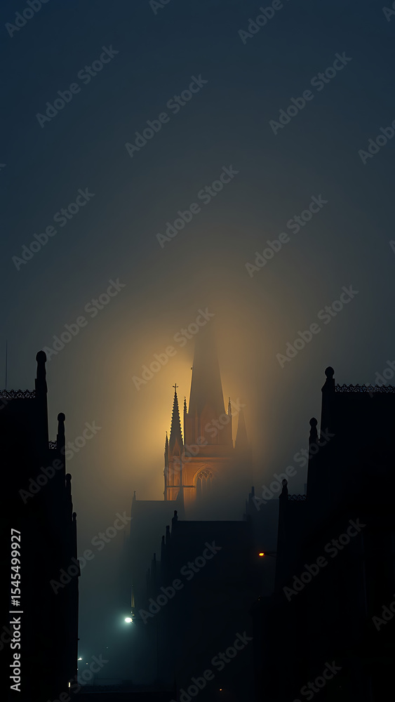 Naklejka premium Dark Gothic City at Night with Fog and Towering Structures vertical