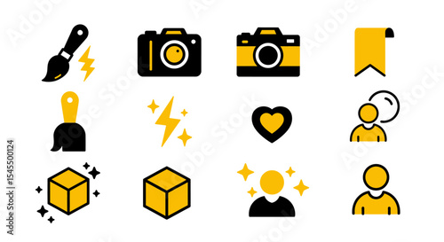 Bold Yellow and Black Icon Set Photography, Editing, and User Interface Elements