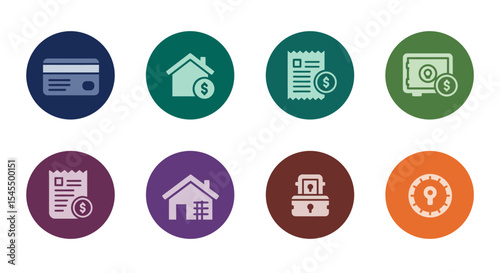 Finance Icon Set Credit Card, House, Bill, Safe, and Key Icons for Financial Websites and Applications