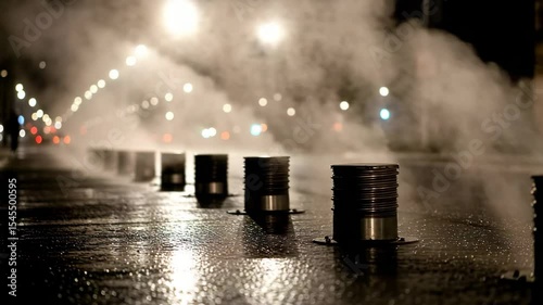Steam rising from metal pipes on wet urban street at night  