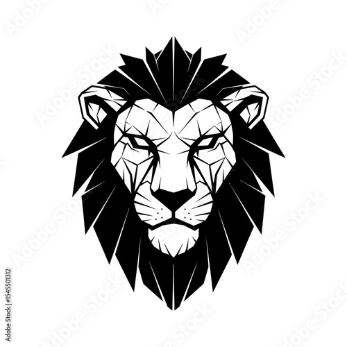 A stylized black and white geometric lion head with a bold, powerful expression.