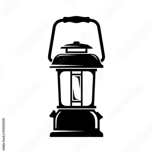 Black and white illustration of a vintage kerosene lantern with a handle.