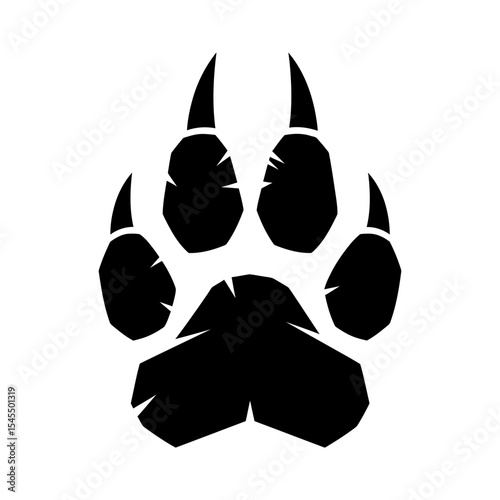 Black silhouette of a paw print with sharp claws, isolated on a white background.