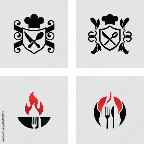 Culinary Crest Restaurant Logo Designs, Chef Hat & Flaming Fork Icons