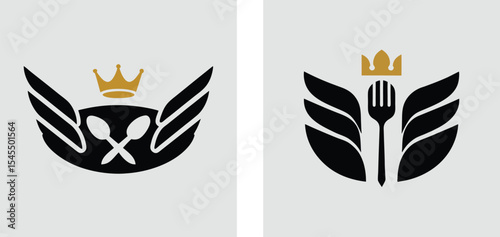 Royal Culinary Wings Elegant Restaurant Logo Designs with Crown and Utensils