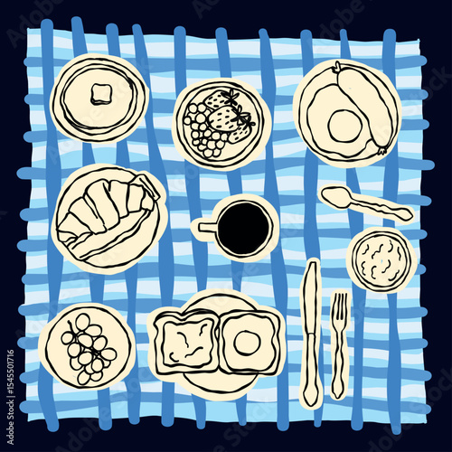 Set of doodle style illustrations of breakfast or picnic, simple food illustrations