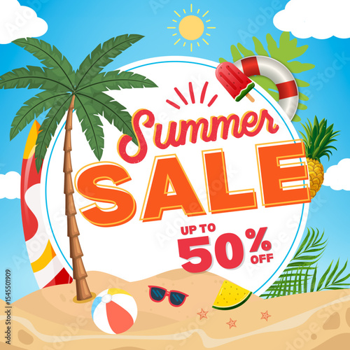 Tropical Summer Vacation Background with Beach Elements and Sunny Sky

