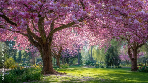 Blossoming cherry trees in a green park surrounded by soft grass and flower petals