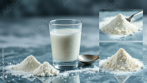 Hydrolyzed collagen protein powder in various stages with glass of water and spoon on transparent ba photo