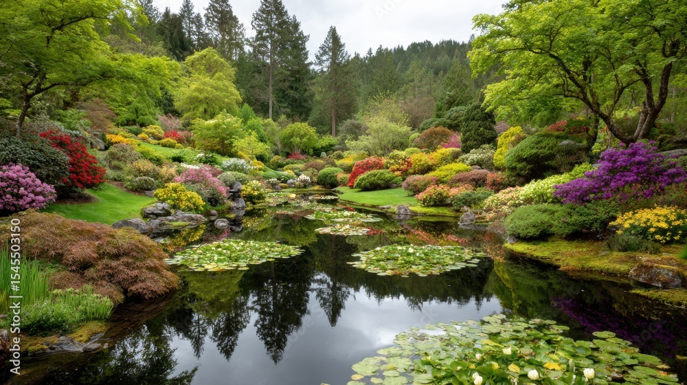 Fototapeta premium Garden pond surrounded by flowering shrubs and lily pads floating on calm water
