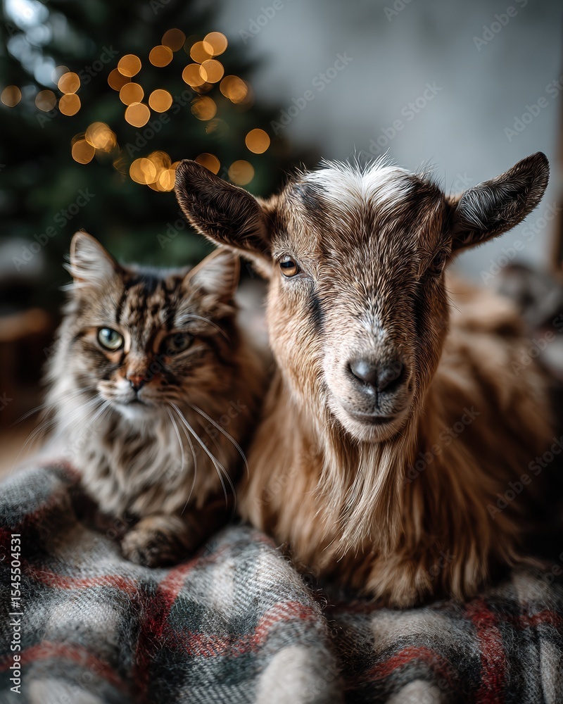 Serenity of companionship between a goat kid and a long-haired cat beside a softly lit Christmas tree Serenity of companionship between a goat kid and a long-haired cat beside a softly lit Christmas tree