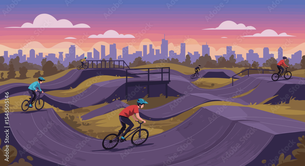 Fototapeta premium Pump Track Riders in Urban Landscape at Sunset for Sports Blogs, Health Articles, Adventure Websites, and Social Media Posts