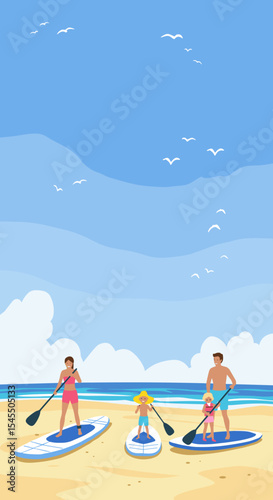 Family Stand-Up Paddleboarding on Beach Under Clear Sky for Outdoor Recreation, Family Bonding, Summer Activities, and Vacation Inspiration