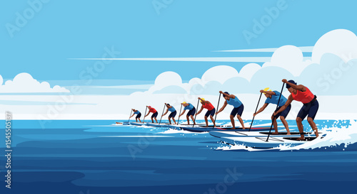 Stand-Up Paddleboarding Race in Action on Open Water for Sports Events, Aquatic Adventures, Fitness Blogs, and Outdoor Activity Promotions