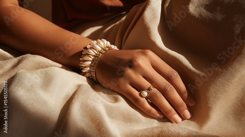 Close-up of female hand adorned with shell bracelet and pearl ring resting on linen fabric  