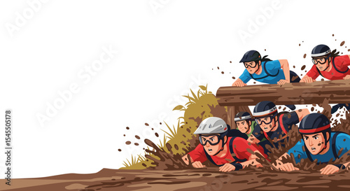 Obstacle Race Participants Crawling Through Mud Under Barrier for Sports Blogs, Fitness Websites, Adventure Event Promotions, and Team Challenge Awareness