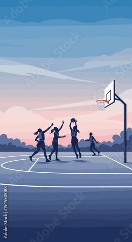 Basketball Players in Action on Outdoor Court at Sunset for Sports Blogs, Fitness Websites, Team Building Activities, and Social Media Content