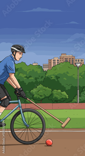 Bike Polo Player in Action on Urban Field for Sports Blogs, Fitness Websites, Outdoor Activity Content, and Community Engagement