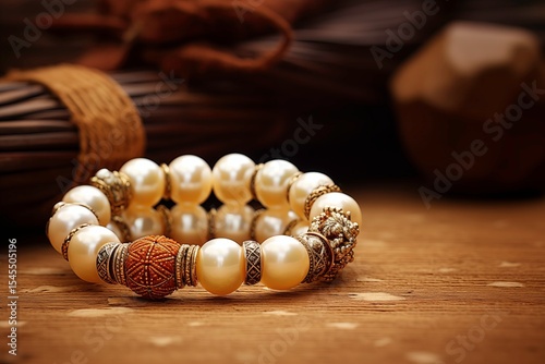 Close-Up of Pearl Bracelets with Wooden Details for Handmade Jewelry Promotion and Online Stores