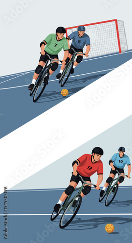 Bike Polo Players Competing on Court with Goal in Background for Sports Blogs, Team Activities, Health Awareness, and Social Media Engagement