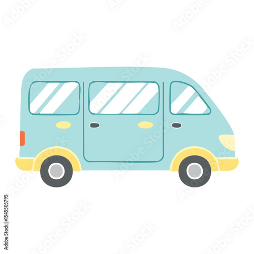 A cute illustration of a light blue van with yellow accents. The van has a simple, cartoonish design, with windows and wheels.