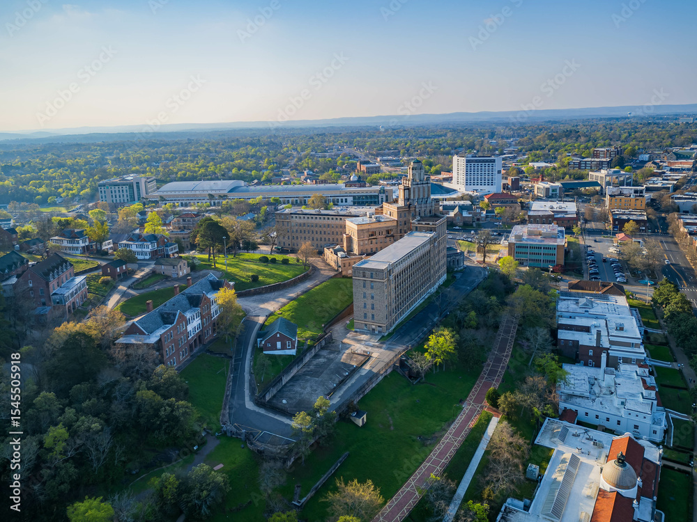 Obraz premium Sunny aerial view of the downtown Hot Springs