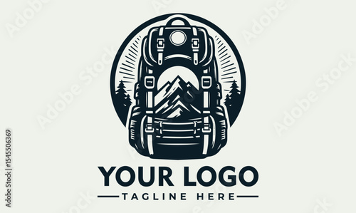 A vintage-style logo featuring a backpack, mountains, and trees, ready for adventure.