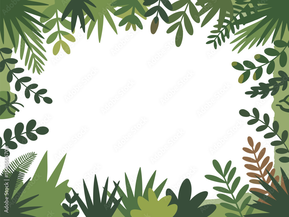 Fototapeta premium Green Leafy Border with Tropical Foliage and Plants on Transparent Background