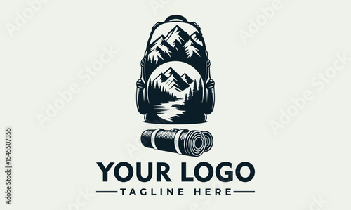 Vintage logo design featuring a backpack with a mountain landscape, and a rolled sleeping mat.