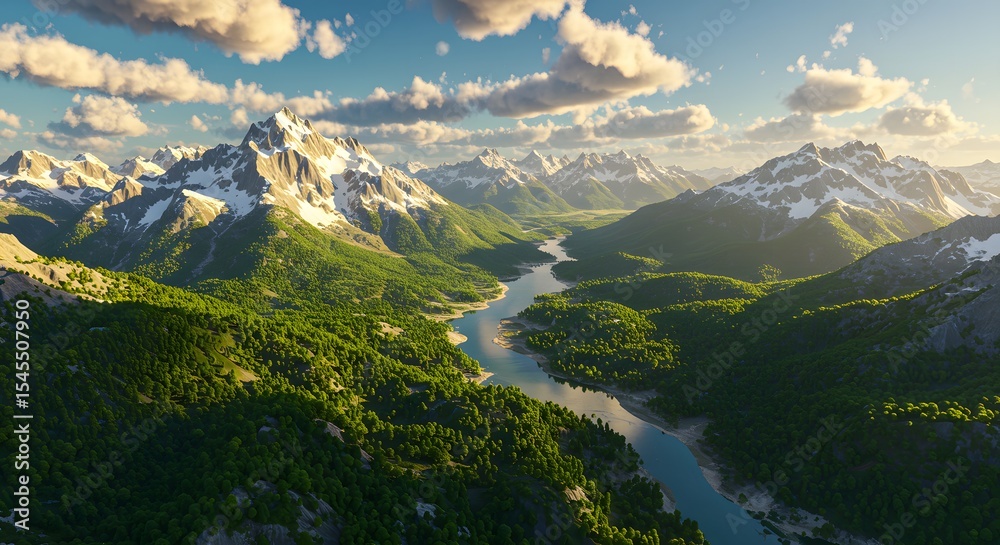 Obraz premium Majestic Mountain Scenery with Forest Valley and River on Sunny Day Aerial View Nature Landscape Adventure Holiday Background