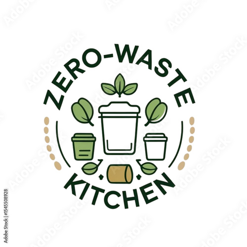 Zero waste kitchen logo design for eco friendly living and sustainable lifestyle with reusable containers and leaves