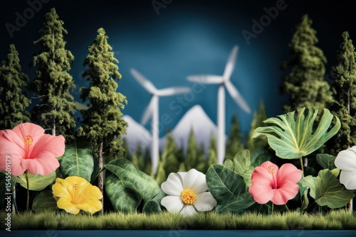 Diverse Ecosystem with Wind Turbines and Lush Flora