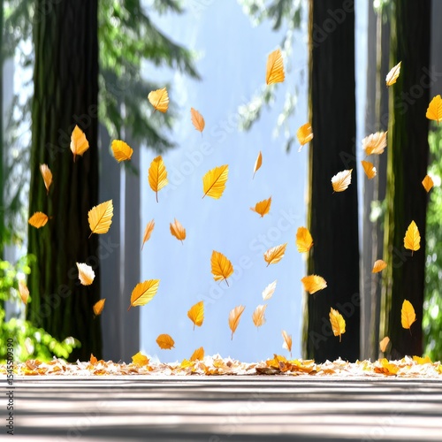 Falling Golden Leaves in a Tranquil Forest Setting