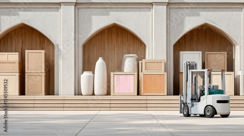 Forklift Near Wooden Crates and Ceramic Vases in Modern Warehouse Setting