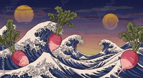 Radishes Riding Giant Waves in a Colorful, Artistic Style photo