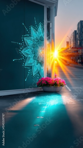 Geometric Teal Light Installation at Sunset with Pink Flowers