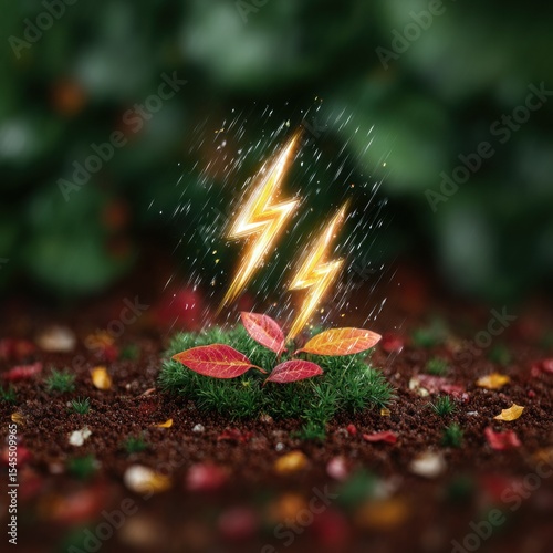 Golden Lightning Sparking Above a Small Plant on Forest Floor