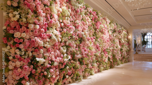 A stunning rose wall blooms with rare, exquisite varieties, creating a romantic, regal atmosphere like a secret garden in summer splendor.