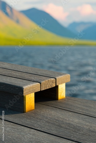 Grey Bench with Golden Accents Overlooking Serene Lake and Mountains