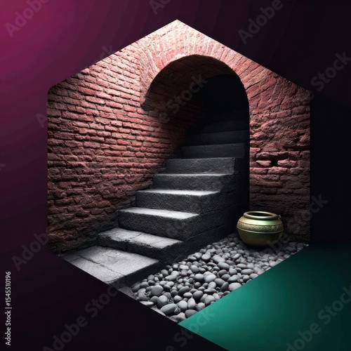 Hexagonal View of a Hidden Brick Passage with Stone Steps