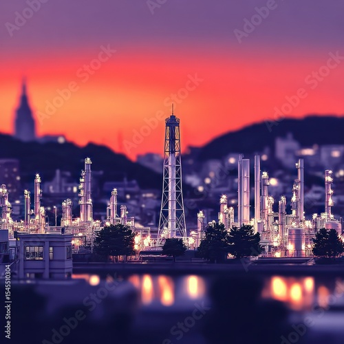 Illuminated Industrial Plant at Sunset